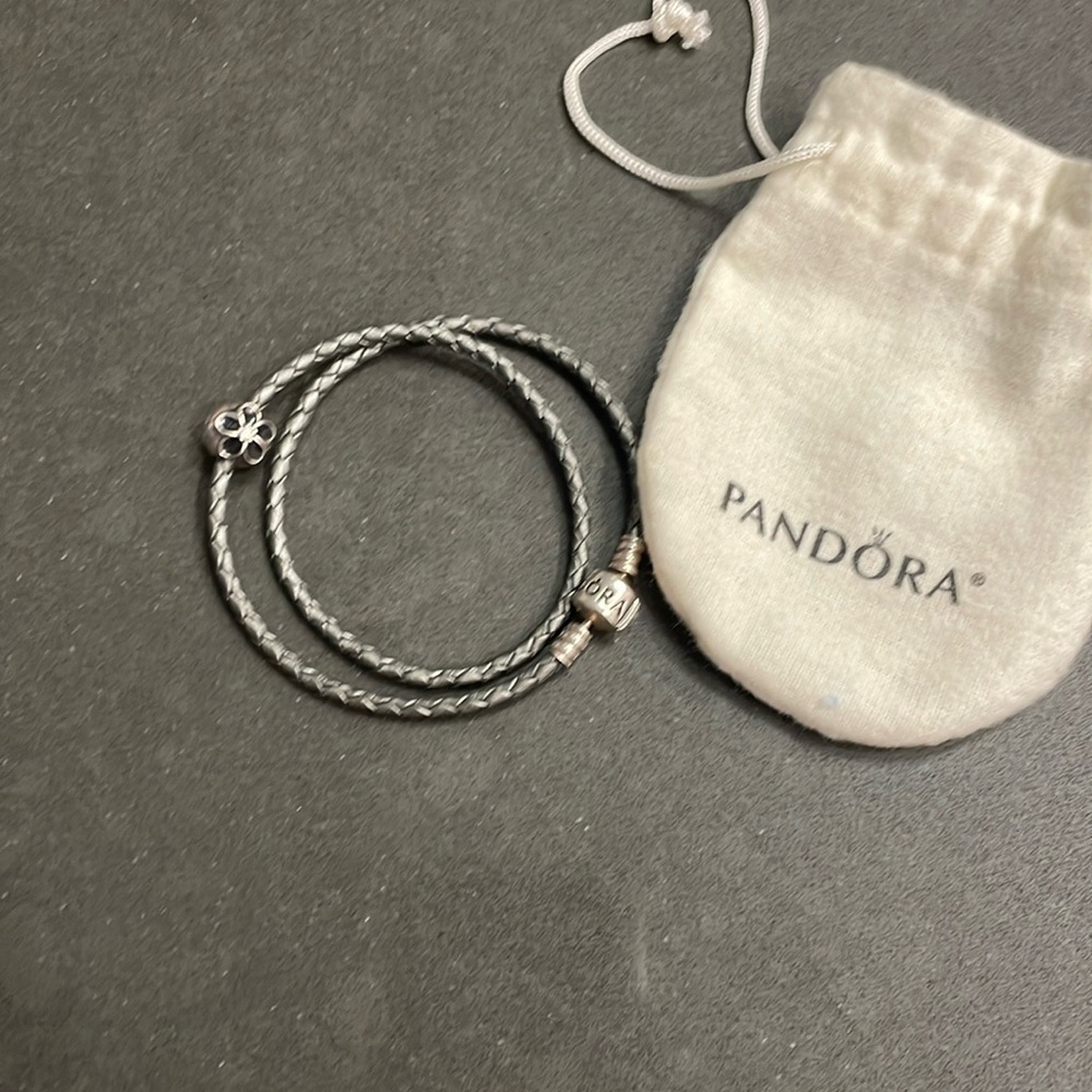 Pandora rope leather bracelet with sterling silver clasp and flower